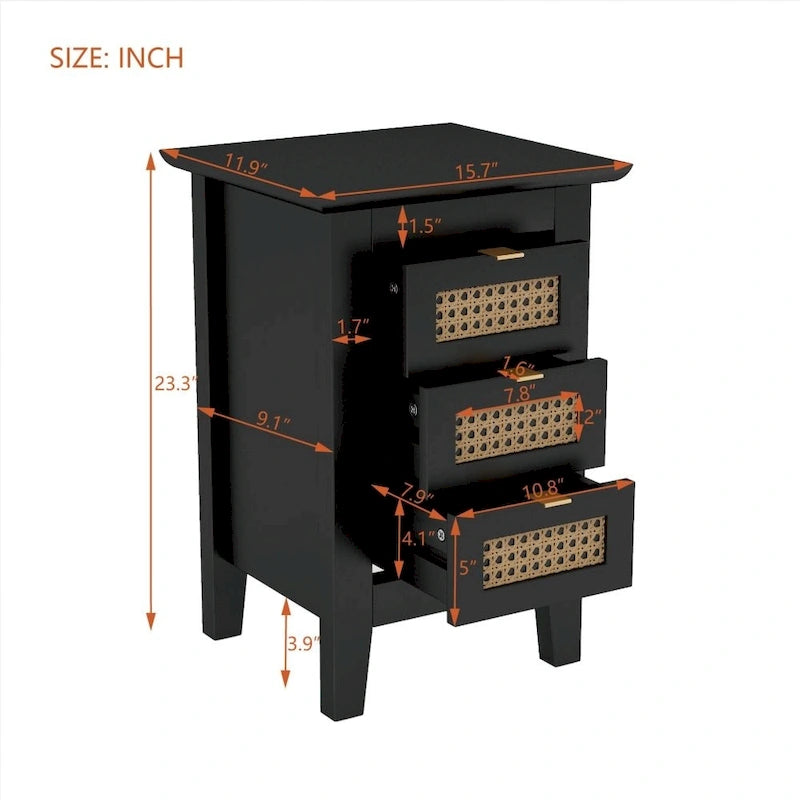 Tables de chevet en bois (lot de 2) avec surfaces en rotin tressé et trois tiroirs