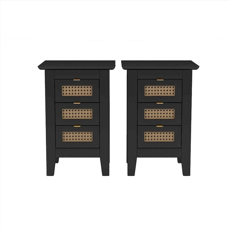 Tables de chevet en bois (lot de 2) avec surfaces en rotin tressé et trois tiroirs