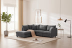 Canapé d'angle 5 places moderne en L avec rayures verticales, 2 coussins, pouf convertible