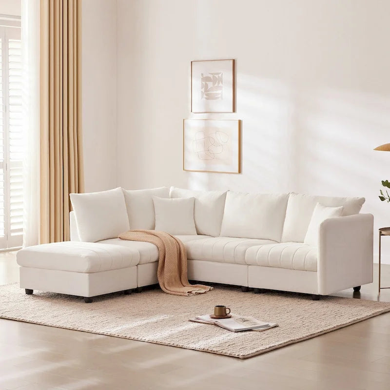 Canapé d'angle 5 places moderne en L avec rayures verticales, 2 coussins, pouf convertible