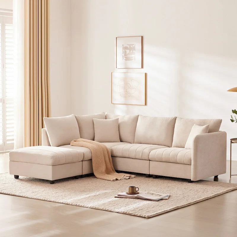 Canapé d'angle 5 places moderne en L avec rayures verticales, 2 coussins, pouf convertible