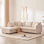 Canapé d'angle 5 places moderne en L avec rayures verticales, 2 coussins, pouf convertible