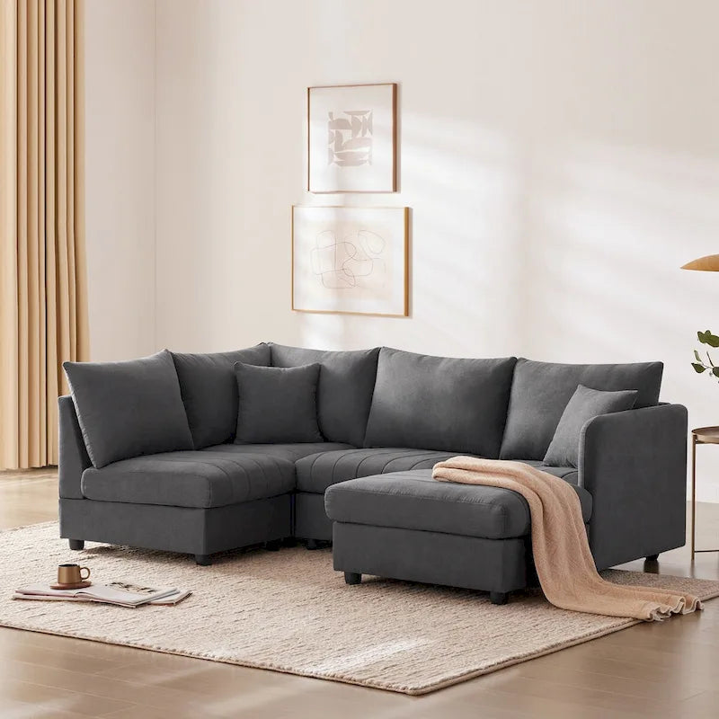 Canapé d'angle 5 places moderne en L avec rayures verticales, 2 coussins, pouf convertible