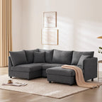 Canapé d'angle 5 places moderne en L avec rayures verticales, 2 coussins, pouf convertible