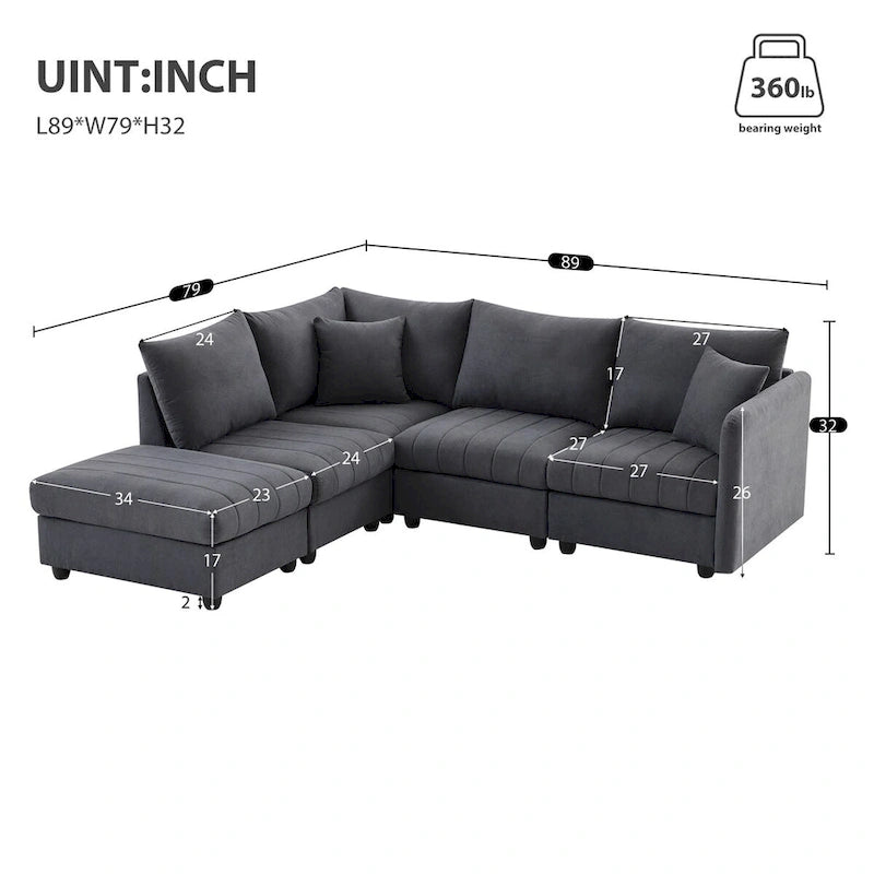 Canapé d'angle 5 places moderne en L avec rayures verticales, 2 coussins, pouf convertible