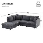 Canapé d'angle 5 places moderne en L avec rayures verticales, 2 coussins, pouf convertible