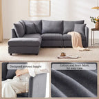 Canapé d'angle 5 places moderne en L avec rayures verticales, 2 coussins, pouf convertible