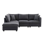Canapé d'angle 5 places moderne en L avec rayures verticales, 2 coussins, pouf convertible