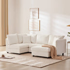 Canapé d'angle 5 places moderne en L avec rayures verticales, 2 coussins, pouf convertible