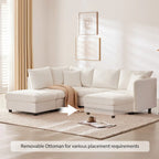 Canapé d'angle 5 places moderne en L avec rayures verticales, 2 coussins, pouf convertible