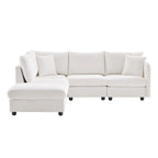 Canapé d'angle 5 places moderne en L avec rayures verticales, 2 coussins, pouf convertible