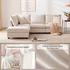 Canapé d'angle 5 places moderne en L avec rayures verticales, 2 coussins, pouf convertible