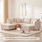 Canapé d'angle 5 places moderne en L avec rayures verticales, 2 coussins, pouf convertible
