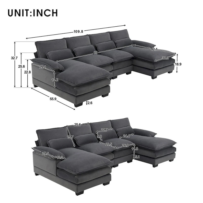 Canapé sectionnel modulable en U gris moderne avec double méridienne