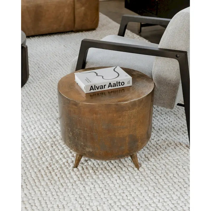 Table d'appoint en aluminium de style tambour rustique - 19L x 19P x 18H