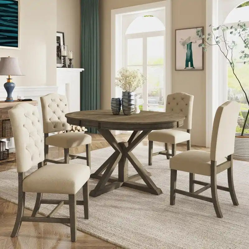 Table à manger de style rétro avec rallonge et 4 chaises rembourrées pour salle à manger et salon