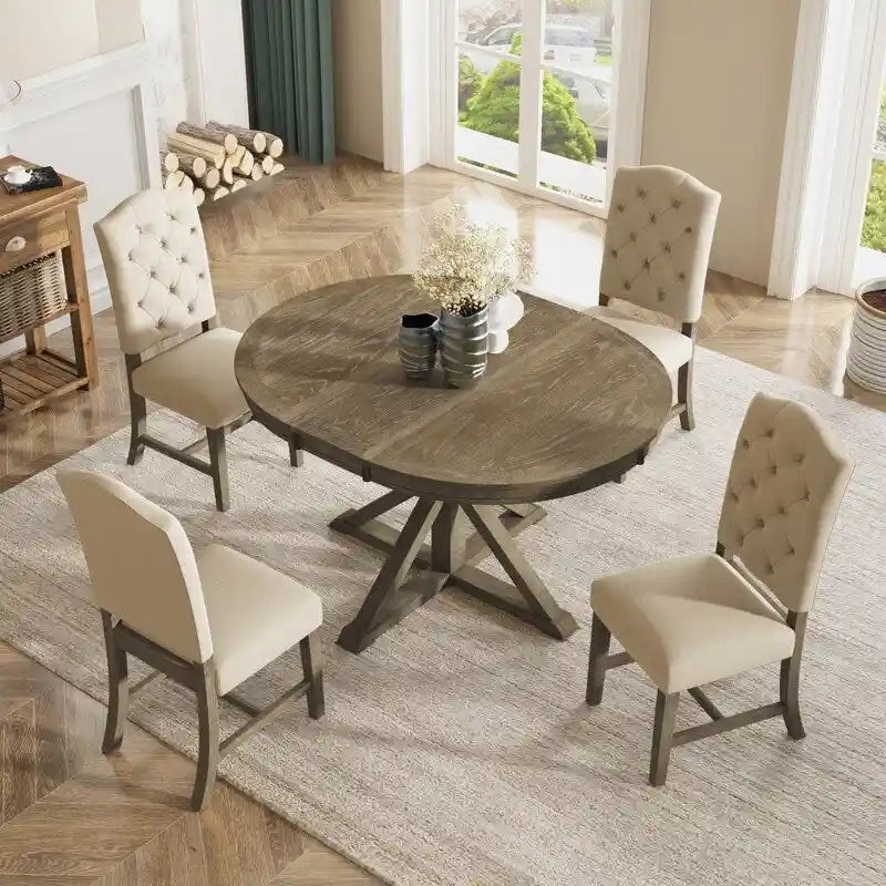 Table à manger de style rétro avec rallonge et 4 chaises rembourrées pour salle à manger et salon