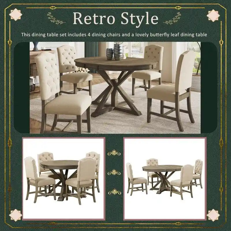 Table à manger de style rétro avec rallonge et 4 chaises rembourrées pour salle à manger et salon