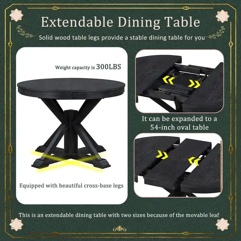 Table à manger de style rétro avec rallonge et 4 chaises rembourrées pour salle à manger et salon