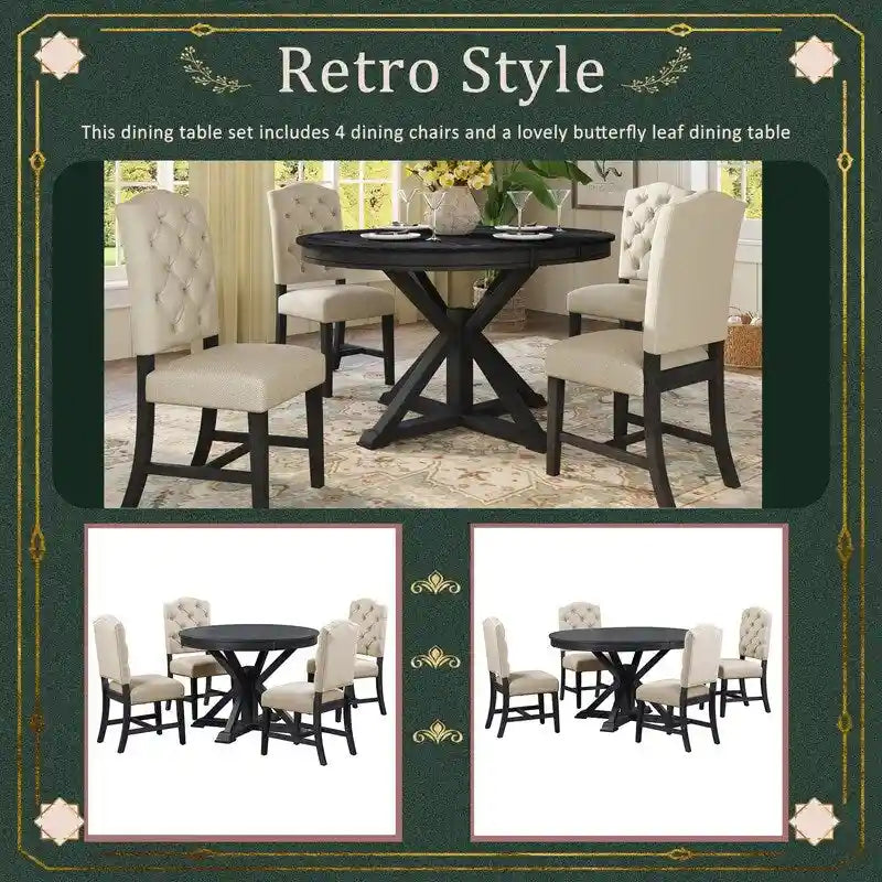 Table à manger de style rétro avec rallonge et 4 chaises rembourrées pour salle à manger et salon