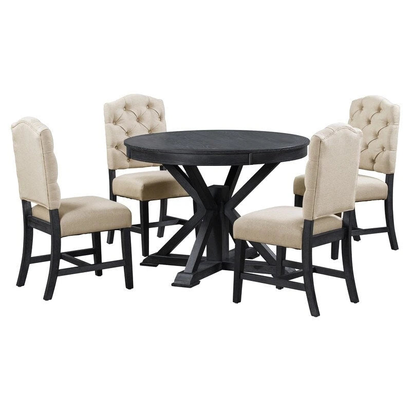 Table à manger de style rétro avec rallonge et 4 chaises rembourrées pour salle à manger et salon