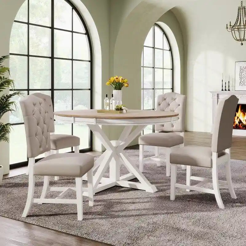 Table à manger de style rétro avec rallonge et 4 chaises rembourrées pour salle à manger et salon