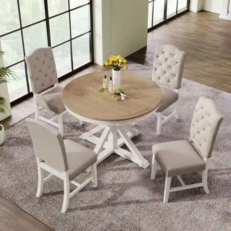 Table à manger de style rétro avec rallonge et 4 chaises rembourrées pour salle à manger et salon
