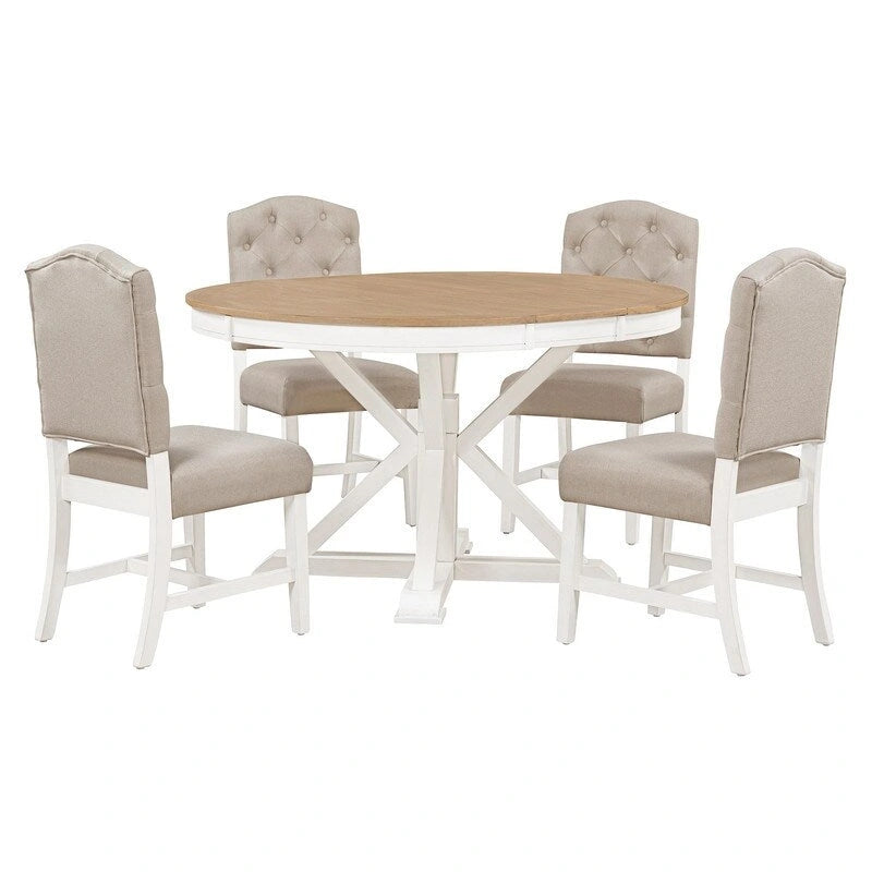 Table à manger de style rétro avec rallonge et 4 chaises rembourrées pour salle à manger et salon