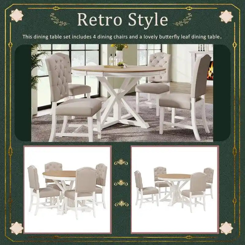 Table à manger de style rétro avec rallonge et 4 chaises rembourrées pour salle à manger et salon